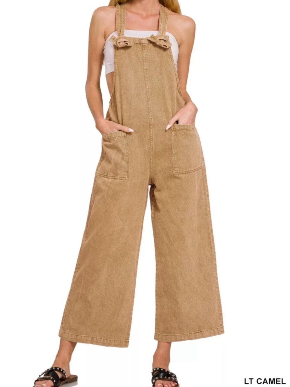 Zenana Washed Knot Strap Jumpsuit wide-leg Overalls new with tags size small